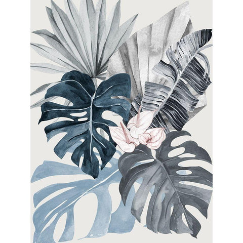Tropical Leaves Blue I Poster White Modern Wood Framed Art Print by Urban Road