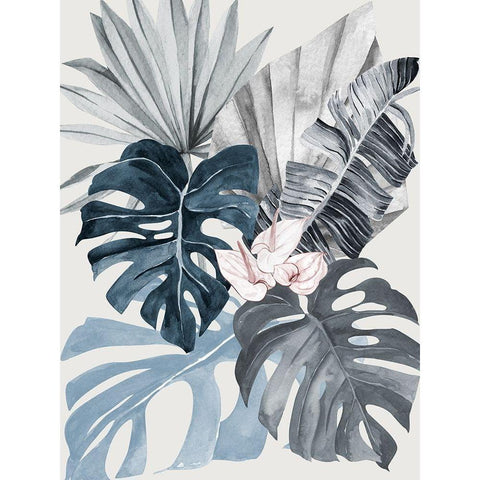 Tropical Leaves Blue I Poster Black Modern Wood Framed Art Print by Urban Road