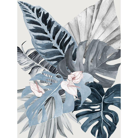 Tropical Leaves Blue II Poster White Modern Wood Framed Art Print by Urban Road