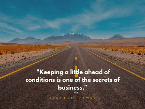 Charles M. Schwab Quote: Ahead of Conditions Black Ornate Wood Framed Art Print with Double Matting by ArtsyQuotes