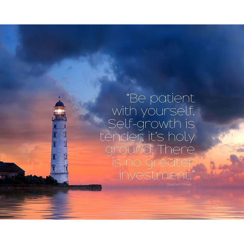 Stephen Covey Quote: Be Patient White Modern Wood Framed Art Print by ArtsyQuotes