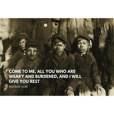 Bible Verse Quote Matthew 11:28, Lewis Wickes Hine, Group of Breaker Boys Black Modern Wood Framed Art Print by ArtsyQuotes