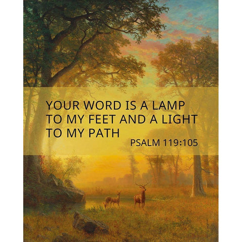 Bible Verse Quote Psalm 119:105, Albert Bierstadt, Light in the Forest Gold Ornate Wood Framed Art Print with Double Matting by ArtsyQuotes
