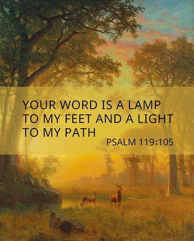 Bible Verse Quote Psalm 119:105, Albert Bierstadt, Light in the Forest Black Ornate Wood Framed Art Print with Double Matting by ArtsyQuotes