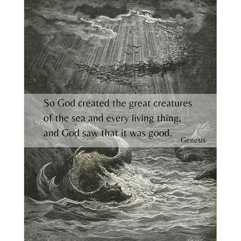 Bible Verse Quote Genesis 1:21, Gustave Dore - Creation of the Fish and Birds White Modern Wood Framed Art Print by ArtsyQuotes