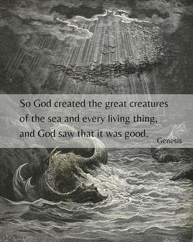 Bible Verse Quote Genesis 1:21, Gustave Dore - Creation of the Fish and Birds Black Ornate Wood Framed Art Print with Double Matting by ArtsyQuotes