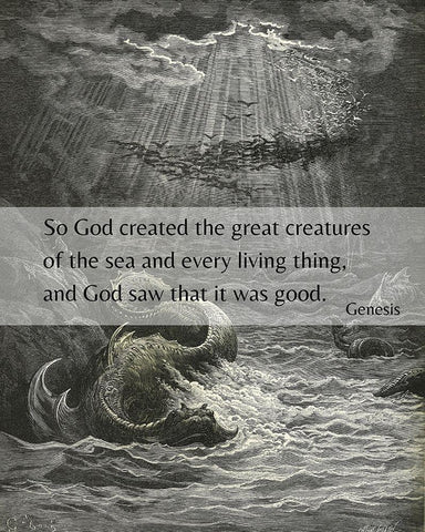 Bible Verse Quote Genesis 1:21, Gustave Dore - Creation of the Fish and Birds White Modern Wood Framed Art Print with Double Matting by ArtsyQuotes