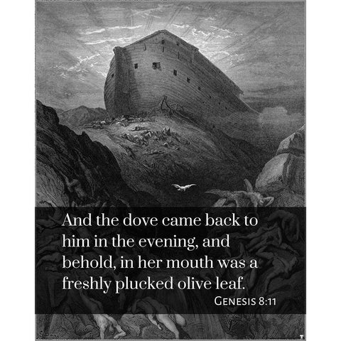Bible Verse Quote Genesis 8:11, Gustave Dore - The Dove sent forth from the Ark Black Modern Wood Framed Art Print by ArtsyQuotes