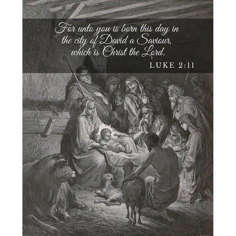 Bible Verse Quote Luke 2:11, Gustave Dore - The Birth of Jesus Black Modern Wood Framed Art Print with Double Matting by ArtsyQuotes