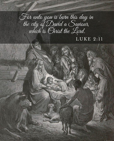 Bible Verse Quote Luke 2:11, Gustave Dore - The Birth of Jesus White Modern Wood Framed Art Print with Double Matting by ArtsyQuotes