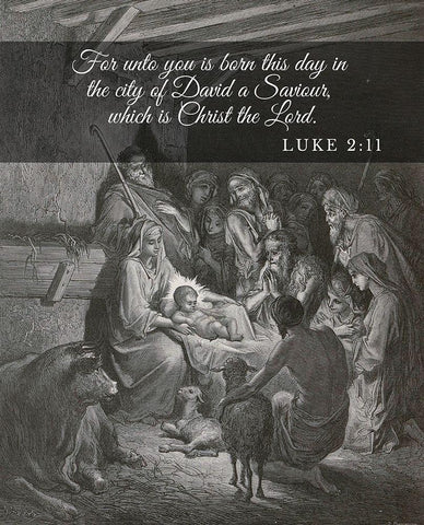Bible Verse Quote Luke 2:11, Gustave Dore - The Birth of Jesus Black Ornate Wood Framed Art Print with Double Matting by ArtsyQuotes