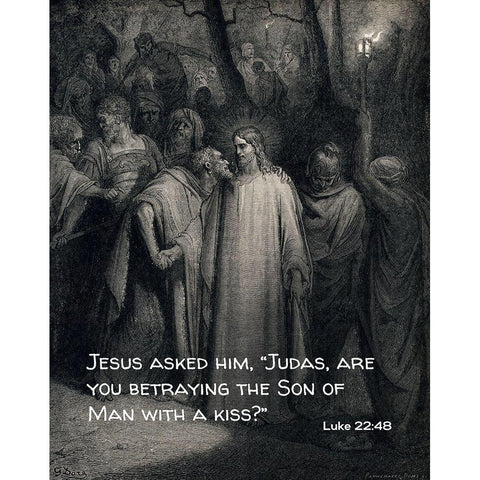 Bible Verse Quote Luke 22:48, Gustave Dore - The Judas Kiss White Modern Wood Framed Art Print by ArtsyQuotes