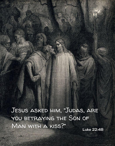 Bible Verse Quote Luke 22:48, Gustave Dore - The Judas Kiss White Modern Wood Framed Art Print with Double Matting by ArtsyQuotes