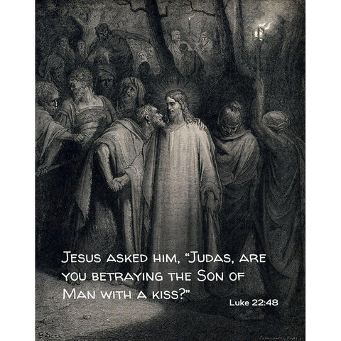 Bible Verse Quote Luke 22:48, Gustave Dore - The Judas Kiss Black Modern Wood Framed Art Print by ArtsyQuotes