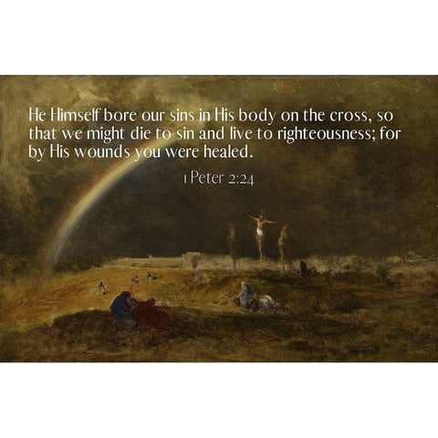 Bible Verse Quote 1 Peter 2:24, George Inness - The Triumph at Calvary Black Modern Wood Framed Art Print with Double Matting by ArtsyQuotes
