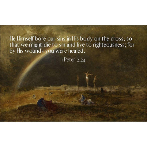 Bible Verse Quote 1 Peter 2:24, George Inness - The Triumph at Calvary White Modern Wood Framed Art Print by ArtsyQuotes