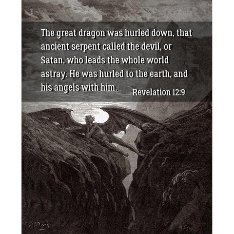 Bible Verse Quote Revelation 12:9, Gustave Dore - Satan Resting on the Mountain Gold Ornate Wood Framed Art Print with Double Matting by ArtsyQuotes