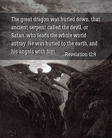 Bible Verse Quote Revelation 12:9, Gustave Dore - Satan Resting on the Mountain Black Ornate Wood Framed Art Print with Double Matting by ArtsyQuotes