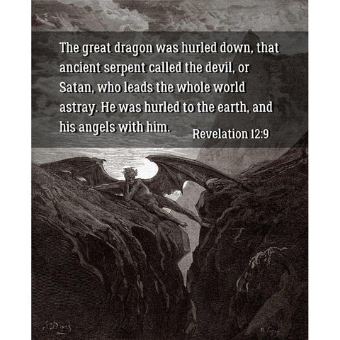 Bible Verse Quote Revelation 12:9, Gustave Dore - Satan Resting on the Mountain Black Modern Wood Framed Art Print with Double Matting by ArtsyQuotes