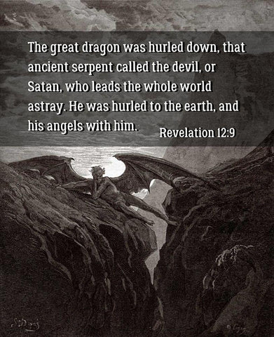 Bible Verse Quote Revelation 12:9, Gustave Dore - Satan Resting on the Mountain White Modern Wood Framed Art Print with Double Matting by ArtsyQuotes