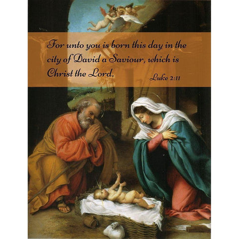 Bible Verse Quote Luke 2:11, Lorenzo Lotto - Nativity of Christ Black Modern Wood Framed Art Print with Double Matting by ArtsyQuotes