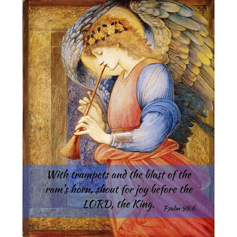 Bible Verse Quote Psalm 98:6, Edward Burne Jones - An Angel Playing a Flageloet 2 White Modern Wood Framed Art Print by ArtsyQuotes