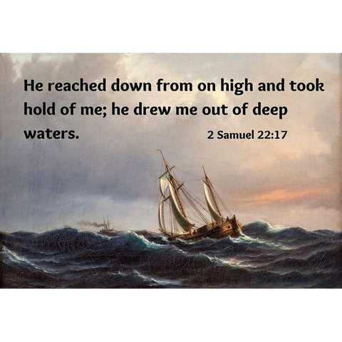 Bible Verse Quote 2 Samuel 22:17, Anton Melbye - A Ship in High Seas at Sunset White Modern Wood Framed Art Print by ArtsyQuotes