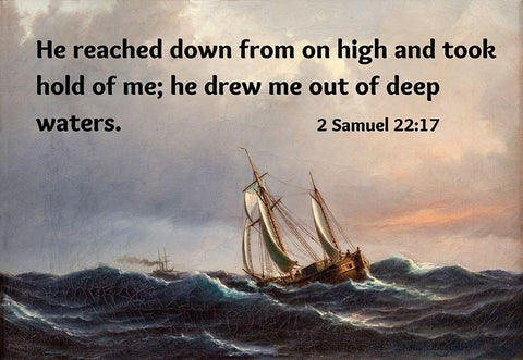 Bible Verse Quote 2 Samuel 22:17, Anton Melbye - A Ship in High Seas at Sunset White Modern Wood Framed Art Print with Double Matting by ArtsyQuotes