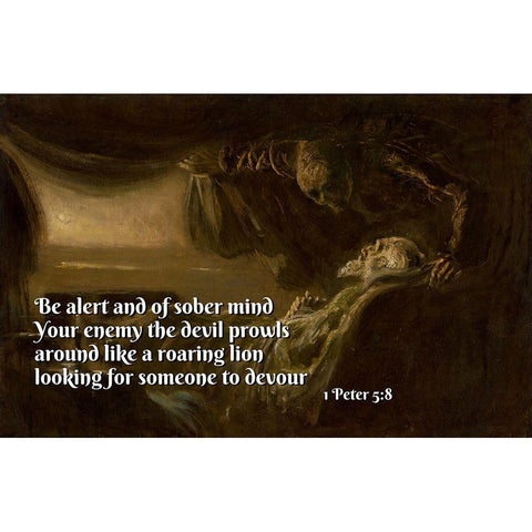 Bible Verse Quote 1 Peter 5:8, Laszlo Mednyanszky - Death of the Painters Father Black Modern Wood Framed Art Print by ArtsyQuotes