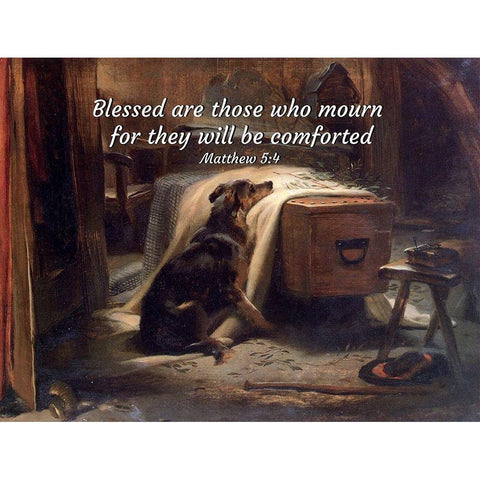 Bible Verse Quote Matthew 5:4, Edwin Henry Landseer - The Old Shepherds Chief Mourner White Modern Wood Framed Art Print by ArtsyQuotes