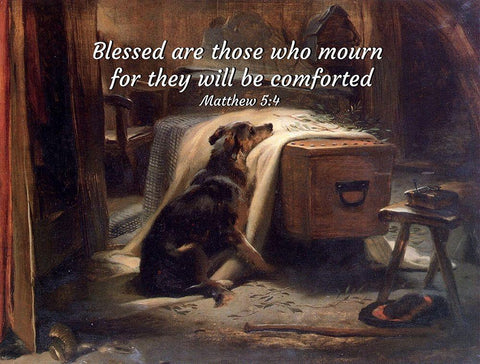 Bible Verse Quote Matthew 5:4, Edwin Henry Landseer - The Old Shepherds Chief Mourner Black Ornate Wood Framed Art Print with Double Matting by ArtsyQuotes