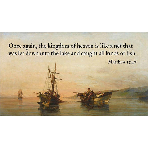 Bible Verse Quote Matthew 13:47, Konstantinos Volanakis - On Calm Waters White Modern Wood Framed Art Print by ArtsyQuotes