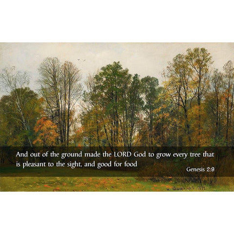 Bible Verse Quote Genesis 2:9, Ivan Shishkin - Autumn Leaves White Modern Wood Framed Art Print by ArtsyQuotes