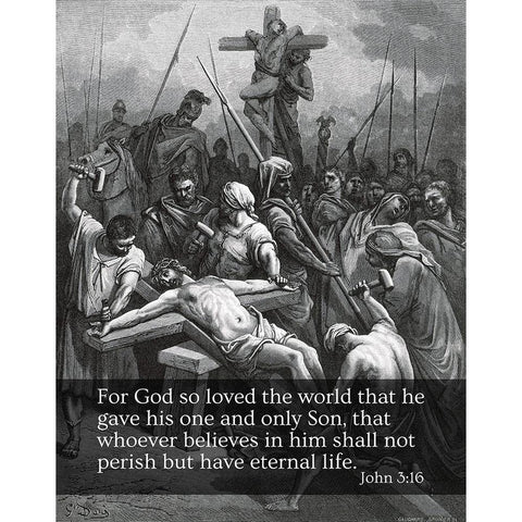 Bible Verse Quote John 3:16, Gustave Dore - Crucifixion of Jesus Gold Ornate Wood Framed Art Print with Double Matting by ArtsyQuotes