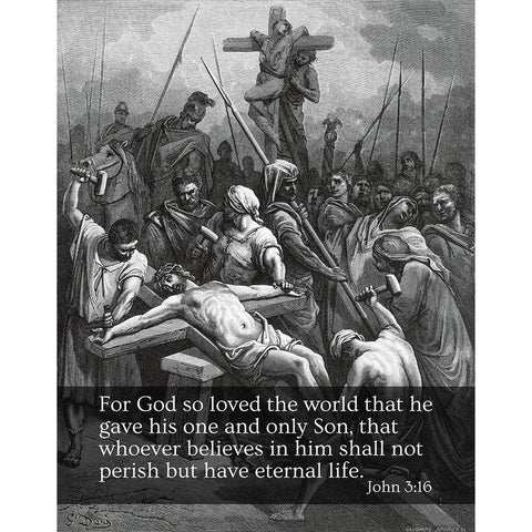 Bible Verse Quote John 3:16, Gustave Dore - Crucifixion of Jesus Black Modern Wood Framed Art Print with Double Matting by ArtsyQuotes