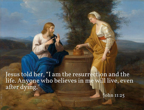 Bible Verse Quote John 11:25, Ferdinand Georg Waldmuller - Christ and the Samaritan Woman White Modern Wood Framed Art Print with Double Matting by ArtsyQuotes