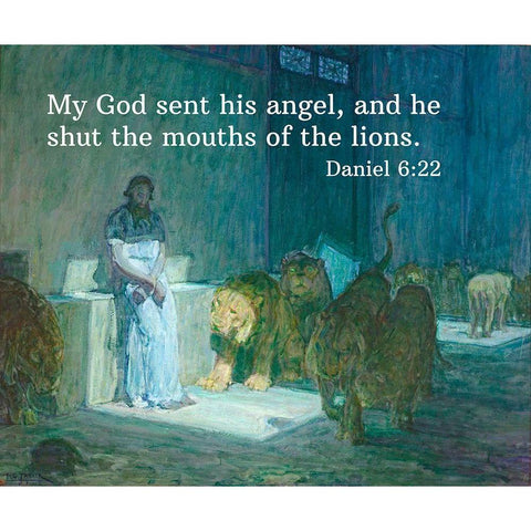 Bible Verse Quote Daniel 6:22, Henry Ossawa Tanner - Daniel in the Lions Den White Modern Wood Framed Art Print by ArtsyQuotes