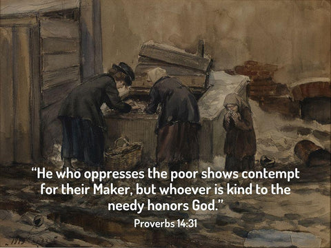 Bible Verse Quote Proverbs 14:31, Ivan Vladimirov - Woman and Girl Sorting Through Trash for Food White Modern Wood Framed Art Print with Double Matting by ArtsyQuotes