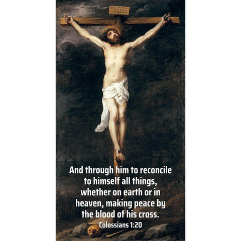 Bible Verse Quote Colossians 1:20, Bartolome Esteban Murillo - Christ on the Cross Black Modern Wood Framed Art Print by ArtsyQuotes