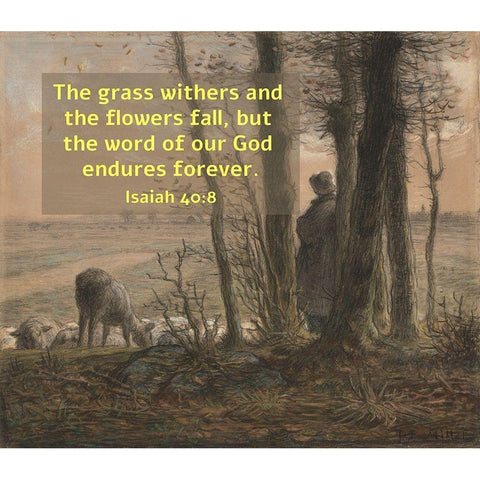 Bible Verse Quote Isaiah 40:8, Jean Francois Millet - Falling Leaves Gold Ornate Wood Framed Art Print with Double Matting by ArtsyQuotes