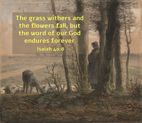 Bible Verse Quote Isaiah 40:8, Jean Francois Millet - Falling Leaves White Modern Wood Framed Art Print with Double Matting by ArtsyQuotes