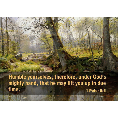 Bible Verse Quote 1 Peter 5:6, Peder Mork Monsted - A Tranquil Pond White Modern Wood Framed Art Print by ArtsyQuotes