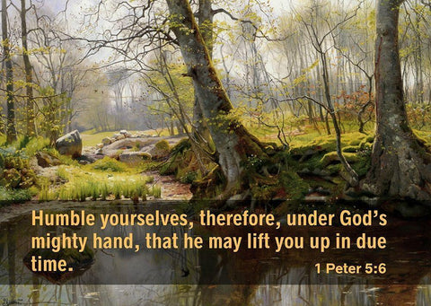 Bible Verse Quote 1 Peter 5:6, Peder Mork Monsted - A Tranquil Pond Black Ornate Wood Framed Art Print with Double Matting by ArtsyQuotes