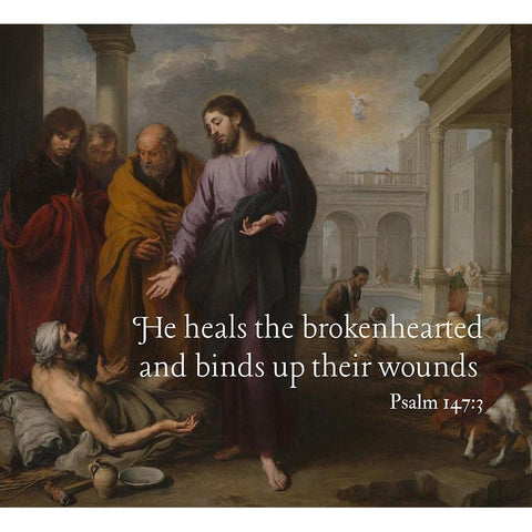 Bible Verse Quote Psalm 147:3, Bartolome Esteban Murillo - Christ Healing the Paralytic White Modern Wood Framed Art Print by ArtsyQuotes