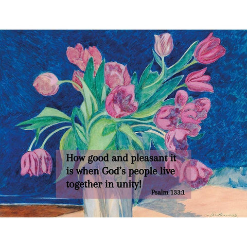 Bible Verse Quote Psalm 133:1, Leon Spilliaert - Pink Tulips in a Vase Black Modern Wood Framed Art Print with Double Matting by ArtsyQuotes