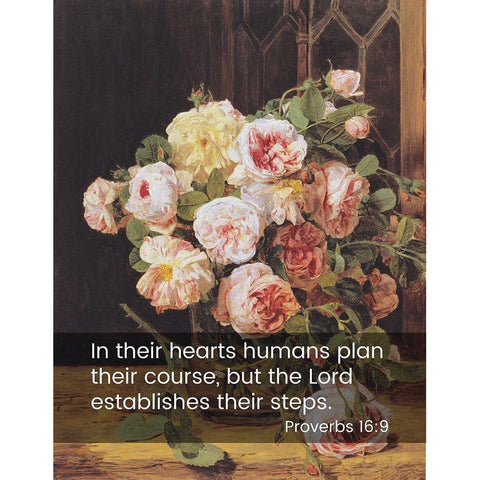 Bible Verse Quote Proverbs 16:9, Ferdinand Georg Waldmuller - Rose Bouquet at the Window White Modern Wood Framed Art Print by ArtsyQuotes