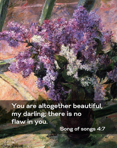 Bible Verse Quote Song of Songs 4:7, Mary Cassatt - Lilacs in a Window White Modern Wood Framed Art Print with Double Matting by ArtsyQuotes
