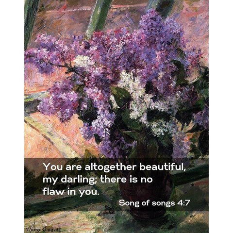 Bible Verse Quote Song of Songs 4:7, Mary Cassatt - Lilacs in a Window Black Modern Wood Framed Art Print by ArtsyQuotes