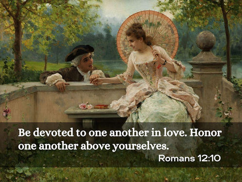 Bible Verse Quote Romans 12:10, Federico Andreotti - An in Love Conversation in Park Black Ornate Wood Framed Art Print with Double Matting by ArtsyQuotes