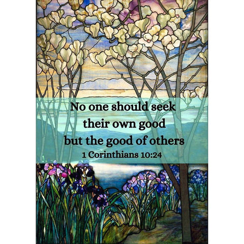 Bible Verse Quote 1 Corinthians 10:24, Louis Comfort Tiffany - Magnolias and Irises White Modern Wood Framed Art Print by ArtsyQuotes